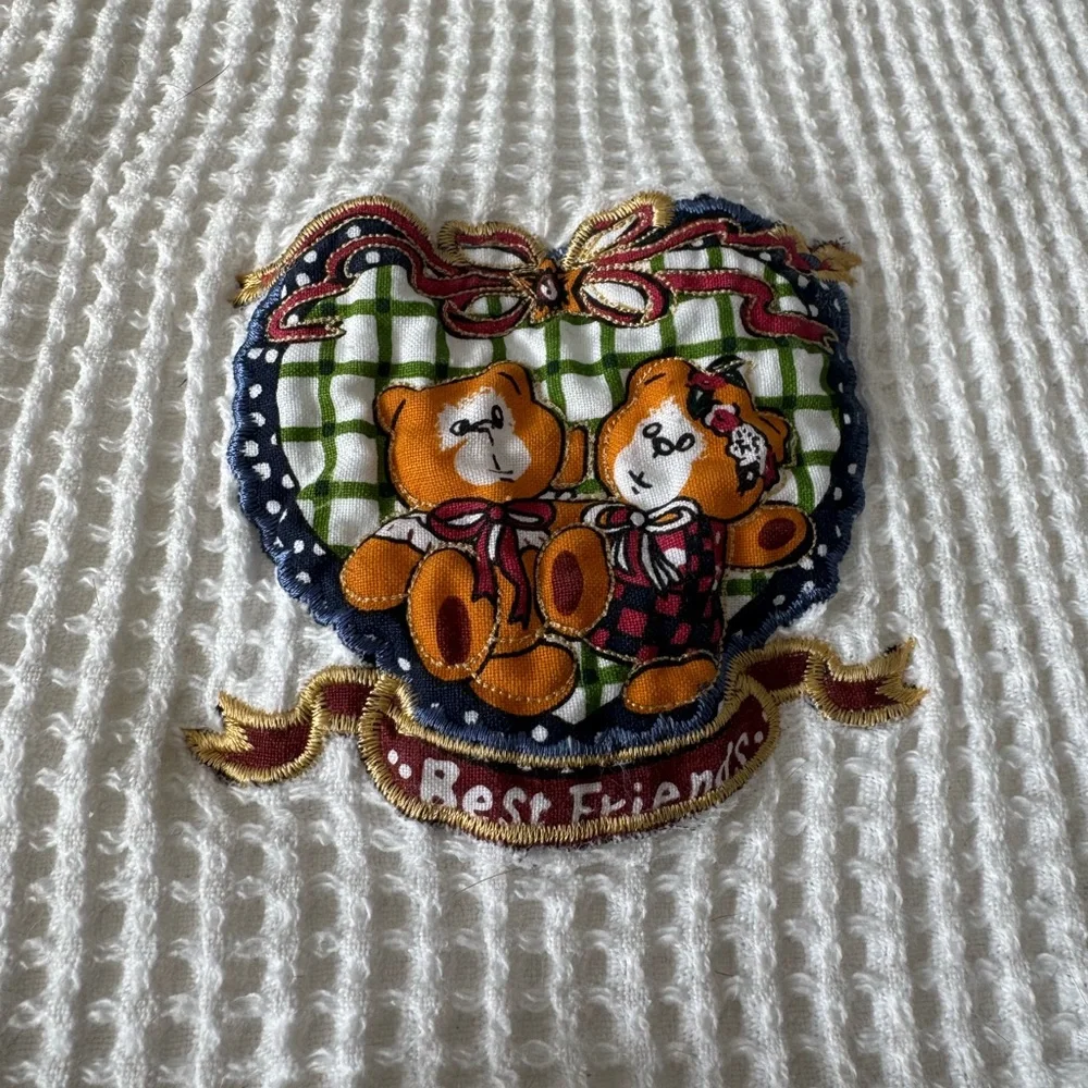 Vintage Waffle Knit Kitchen Towel White Teddy Bear “Best Friends” Appliqué